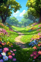 Obraz premium Enchanted forest with colorful flowers and greenery, cartoon movie style, Copy space, commercial use