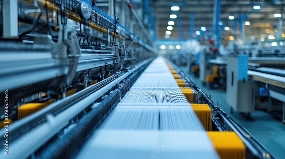 Aufkleber textile manufacturing process inside a modern factory with row of machines for producing fabric and 