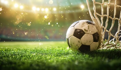 Fototapeta premium Triumphant Goal: Soccer Ball in Net, Stadium Lights Gleam
