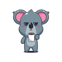 Koala cartoon vector illustration is tired and sleepy holding coffee