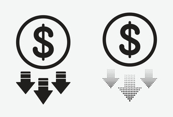 Set of dollar drop vector icons in isolated flat line style. Symbol of decreasing dollar value and symbol of reducing costs. Vector illustration
