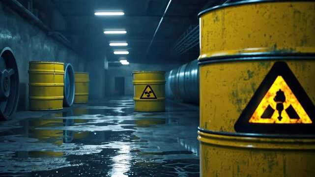 Hazardous waste barrels in a dimly lit industrial setting