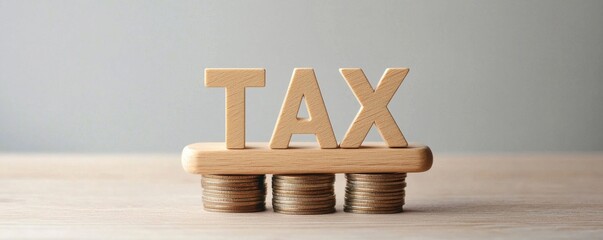 Balancing taxes wooden letters on coins minimal concept financial environment close-up view tax concept for impact