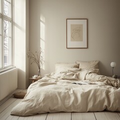 An inviting room is shown with a beige bed and artwork