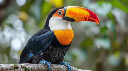 Fototapeta premium A vibrant toucan perched on a branch, showcasing its striking colors and impressive beak against a softly blurred green background.