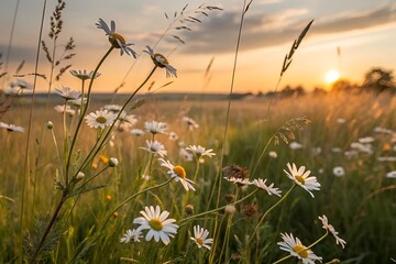 Obraz premium Golden Sunset Over a Daisy Field – Serene Nature Photography
