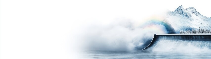 Powerful Water Release from Dam Surrounded by Mist and Mountains