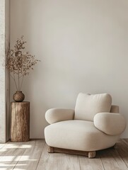 An artistic chair and wooden stool in an apartment