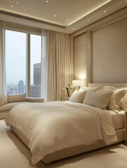 This shows a bedroom with neutral colors and elegant furniture