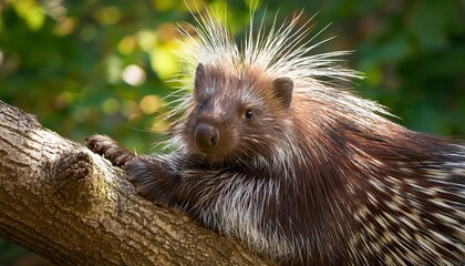 Fototapeta premium Agile North American Porcupine Scaling Majestic Trees amidst the Forest Green Canopy, Set against a Sunlit Backdrop in an Enchanting Wilderness Moment