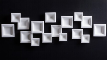 White square objects arranged on black background, art installation