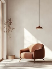 A comfortable plush velvet chair sits in a minimalist room