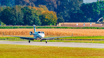 Autumn or indian summer view with sports aircraft at Straubing airport, Straubing-Bogen, Bavaria, Germany