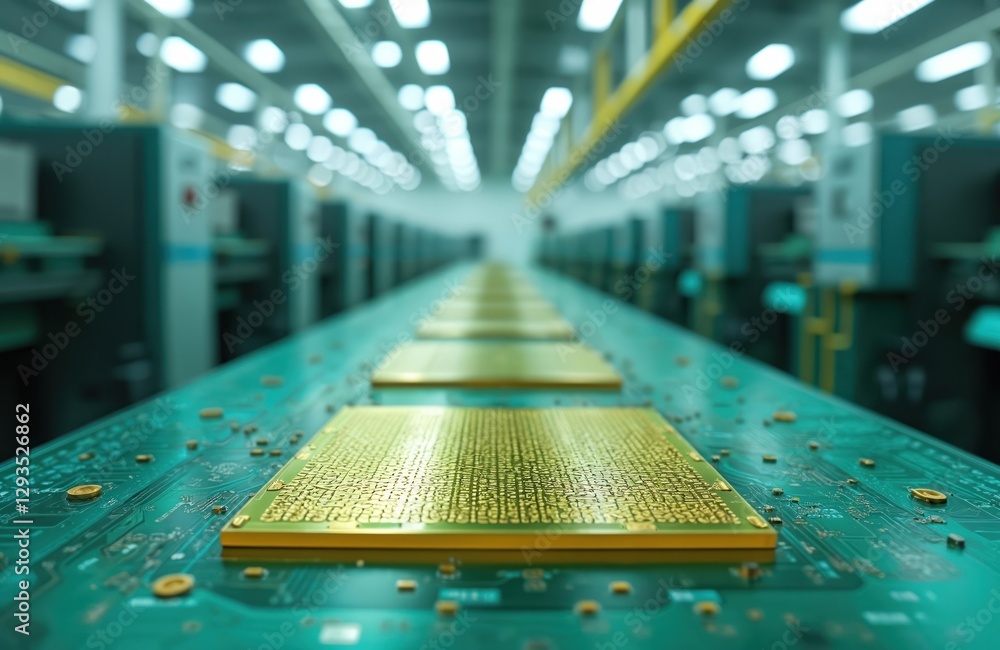Poster ai generated image of large innovation factory with golden wafer semiconductor manufacturing. microc