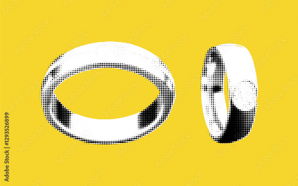 Poster artistic representation of elegant rings in halftone style against a vibrant yellow background, show