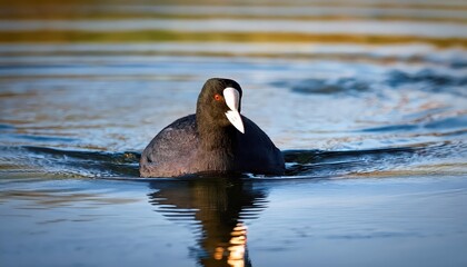 Tranquil Moment The Eurasian Coot Swimming Gracefully on a Peaceful Lake, Amidst Natures Lush Greenery and Serene Waters, Capturing an Unforgettable Scene in the Early Morning Light.