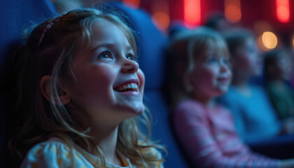 Happy girl in dark cinema watches exciting movie, sits with friends, smiles. Entertainment, leisure, three-dimensional film fun. Spectators, audience enjoy motion picture in auditorium. Emotional