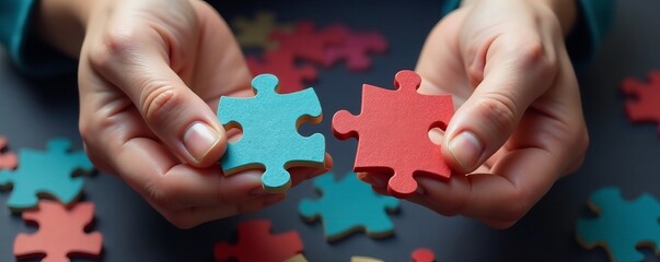 Close-up of two hands holding puzzle pieces fitting together, solution, concept