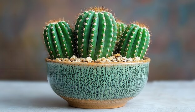 Cactus in a beige ceramic pot, isolated on a blurt background, front view, high-resolution, Copy space, commercial use