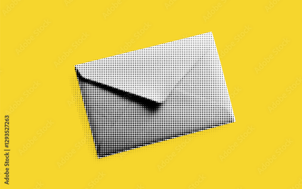 Poster exploration of color and form in a halftone collage featuring a white envelope on a vibrant yellow b