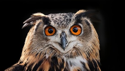 Fototapeta premium Majestic Eurasian eagle owl in striking contrast against an enigmatic black backdrop, its piercing eyes conveying wisdom and mystery amidst the stillness of night.