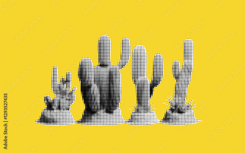 Poster creative collage of halftone cacti against a vibrant yellow backdrop highlighting nature's resilienc