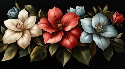 Fototapeta premium Floral still life arrangement on black background