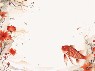 Watercolor painting of a golden koi carp in a pond. Chinese oriental background for fish restaurant menu card.