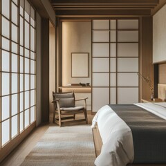 A serene Japanese bedroom features wooden accents and a bed