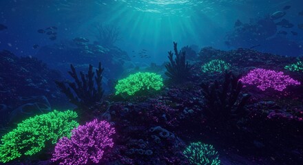 Naklejka premium Vibrant underwater coral reef scene with colorful corals and marine life illuminated by sunlight