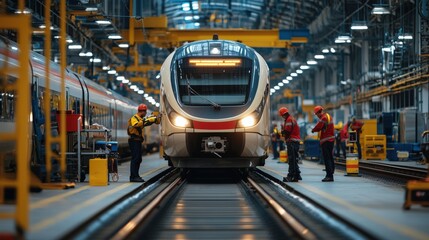 High-Speed Train Concept in Modern Maintenance Facility with Engineers and Technicians Working on Rail Infrastructure