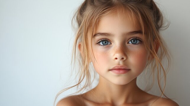 sad kid girl, full body shotA close-up portrait of a young girl with blue eyes and blonde hair, wearing a cozy sweater, set against a neutral background.