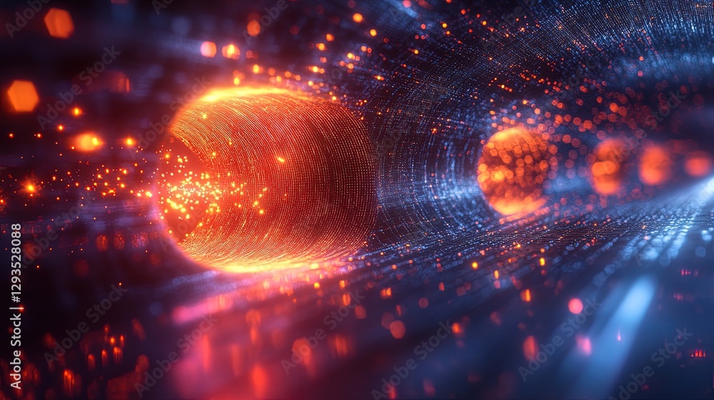 Poster visualization of quantum tunneling with particles traveling through barriers of light