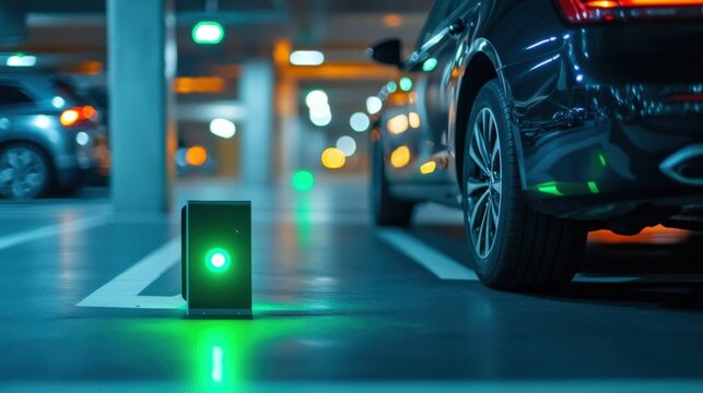 Green light of smart parking system illuminates available parking space guiding car in modern parking garage, enhancing efficiency and user experience