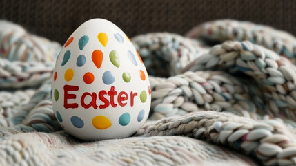 Hand-Painted Easter Egg with Colorful Dots on a Cozy Blanket Background
