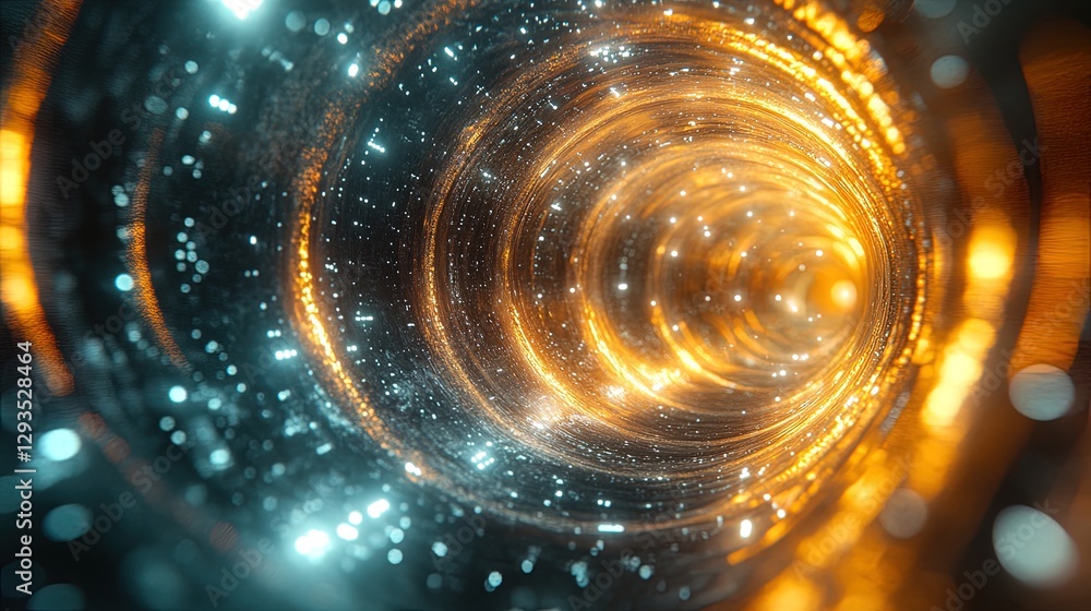 Poster visualization of quantum tunneling with particles phasing through barriers, futuristic light effects