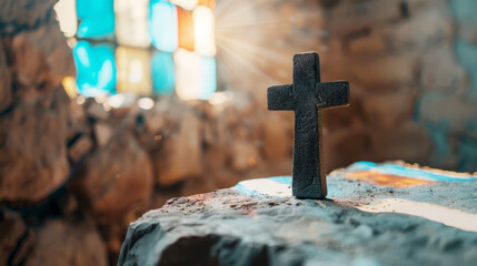 Rustic Stone Cross on Altar with Radiant Light and Stained Glass in Background