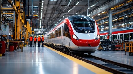 High-Speed Train Concept With Modern Design in a Maintenance Facility Featuring Technicians and Industrial Setting