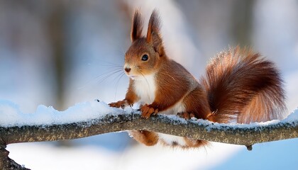 Eurasian Red Squirrel Perched on a Snowy Branch Winter Wonderland Serenity in the Forest, Capturing the Bold and Graceful Creature Amidst a Canvas of Tranquil Beauty