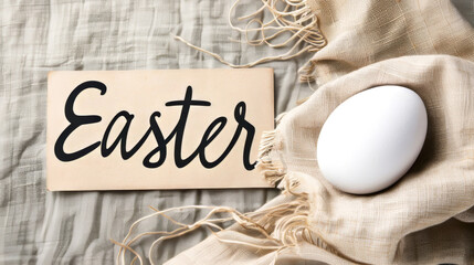 Rustic Easter Decor with White Egg and Handwritten Sign on Fabric