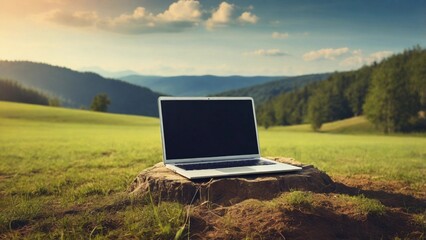 Laptop notebook computer placed in nature field outdoors, conceptual image symbolizing work life balance, remote flexibility and productivity, digital detox and disconnection from technology