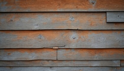 Fototapeta premium Weathered wood plank wall texture in rustic brown, grey tones. Old timber shows grain, natural surface, aged vintage look. Rough distressed planks feature fractured parts, faded uneven color.