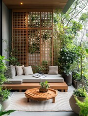 Fototapeta premium A wooden deck with cushions and plants in a zen setting