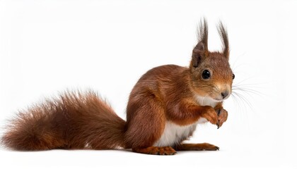 Eurasian Red Squirrel in Pure White Background Majestic Wildlife Portrait, Showcasing Soft Fur Textures and Bright Eyes against a Stark Contrast, Perfect for Digital Art, Home Decor, or Design
