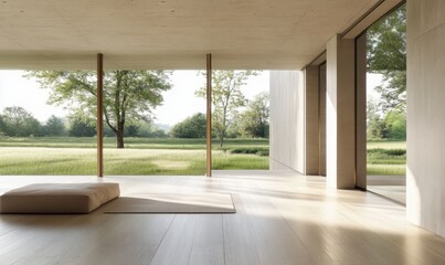 Obraz premium A large open room with a white wall and a tan bed. The room is empty and has a lot of windows