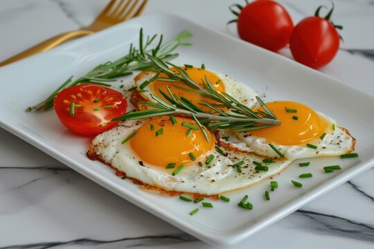 A plate of fried eggs with bright yolks, garnished with fresh herbs and accompanied by cherry tomatoes, presented on a marble surface.