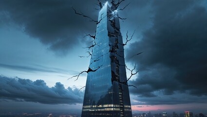 A tall skyscraper, seemingly fractured and cracked, rises dramatically against a backdrop of tumultuous clouds at dusk. The surreal structure prompts thoughts about misinformation and reality