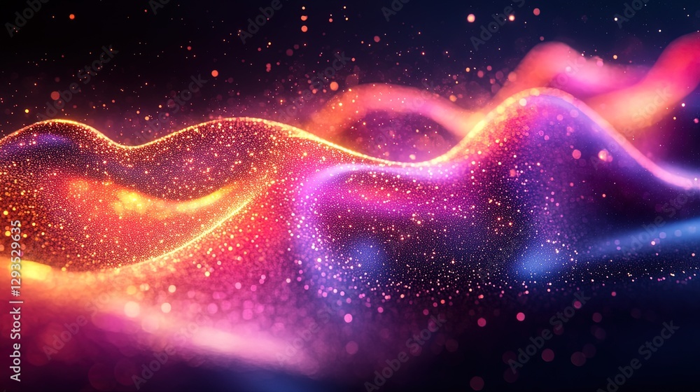 Poster visualization of particle entanglement with overlapping light waves, surreal and colorful