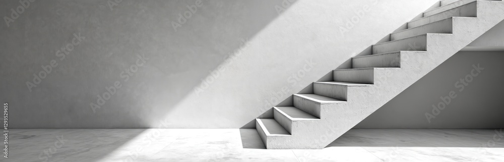 Poster minimalistic photo of bright illuminated concrete staircase with shadow on wall. modern architecture