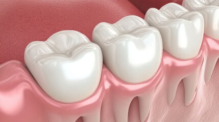 A close-up view of healthy teeth with shiny enamel and pink gums, illustrating dental hygiene and oral health.